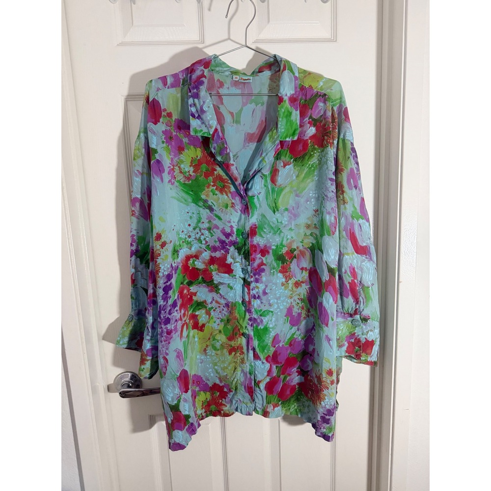 Tianello Women 3X Floral Watercolor Button Front Blouse Blue Pink Green Artwear